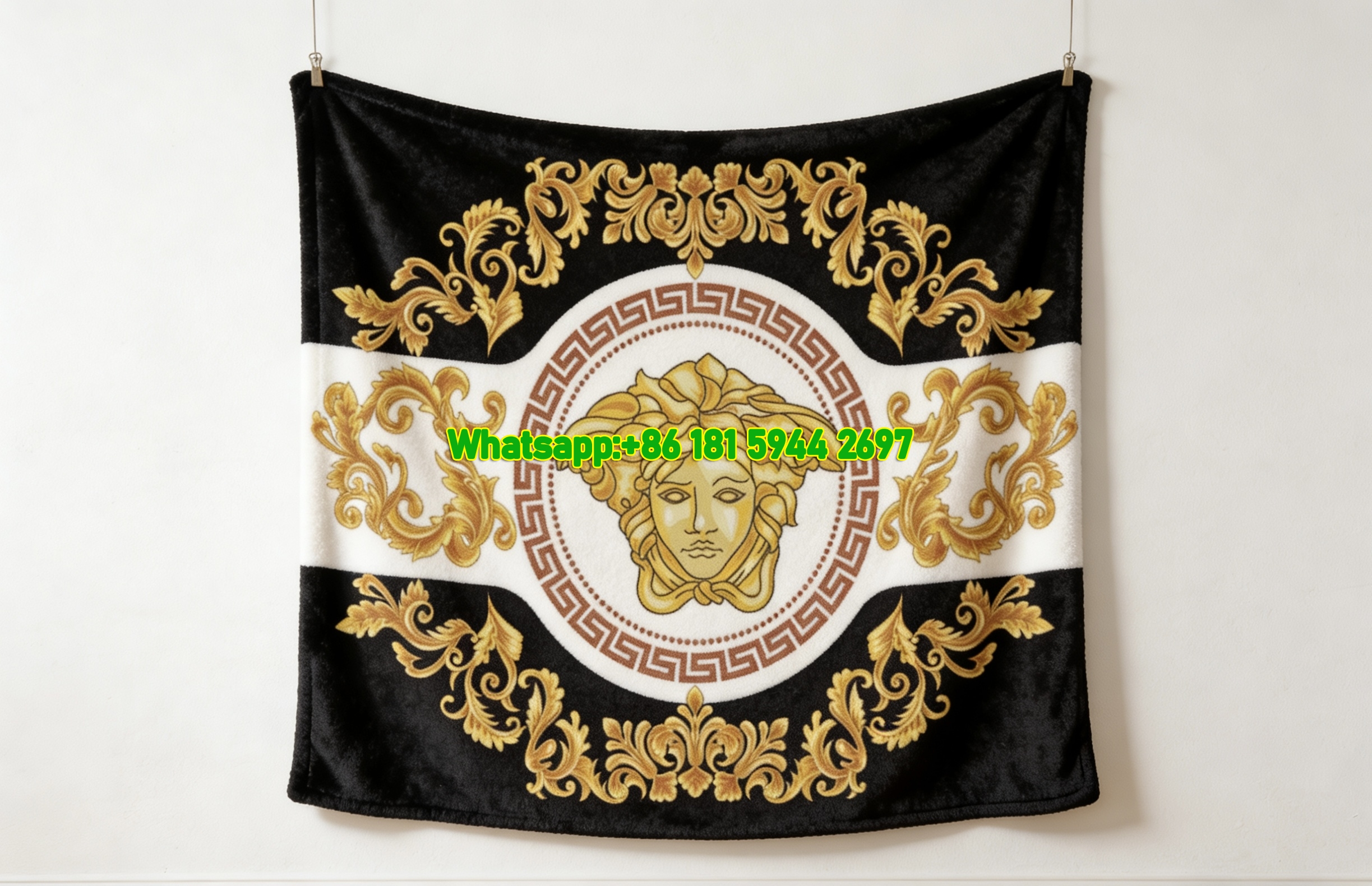 Versace Black White Gold Medusa Greek Key Baroque Print Flannel Sofa Throw Blanket IMG_1322
